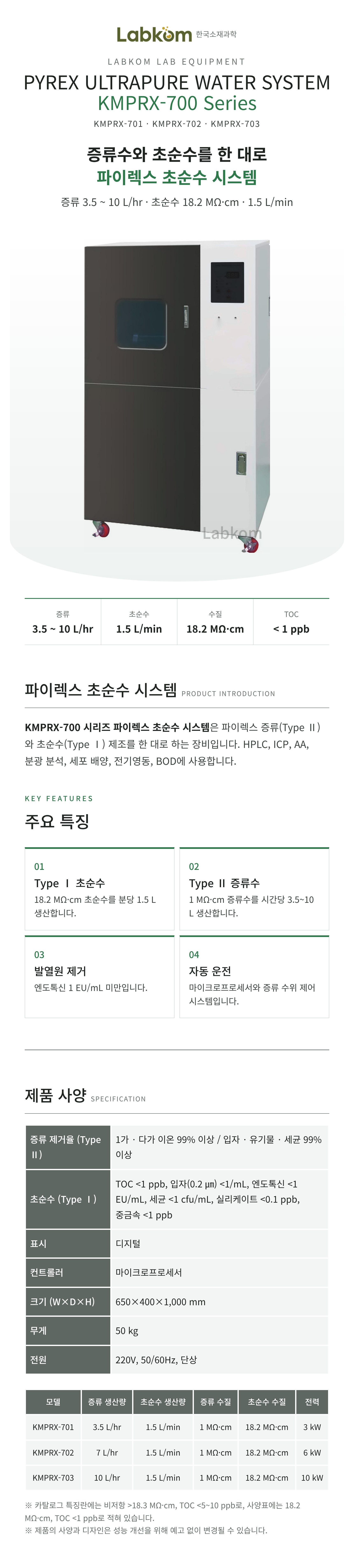 파이렉스 초순수 시스템 Pyrex Ultrapure Water System KMPRX-700 Series