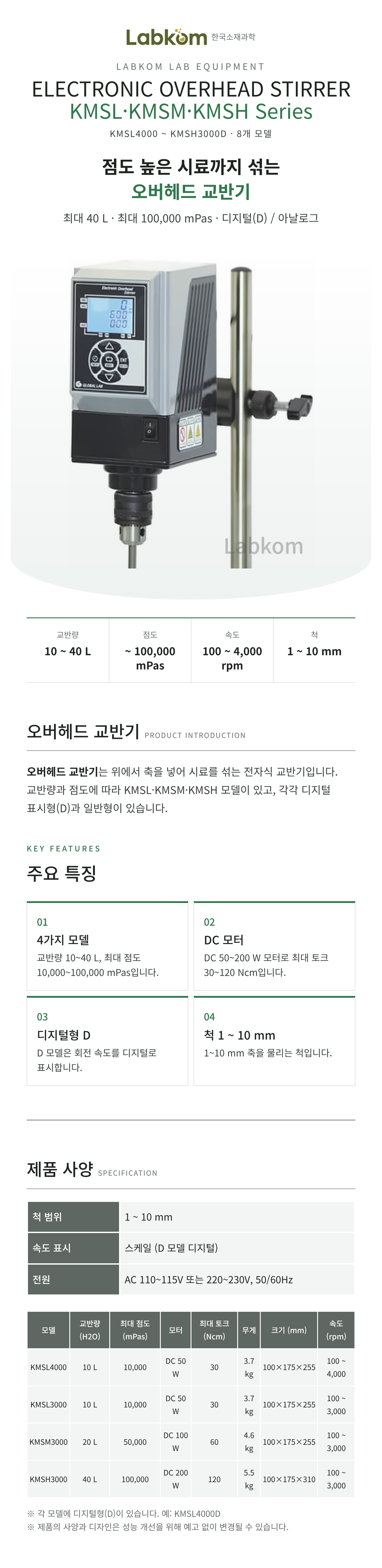 오버헤드 교반기 Electronic Overhead Stirrer KMSL/KMSM/KMSH Series