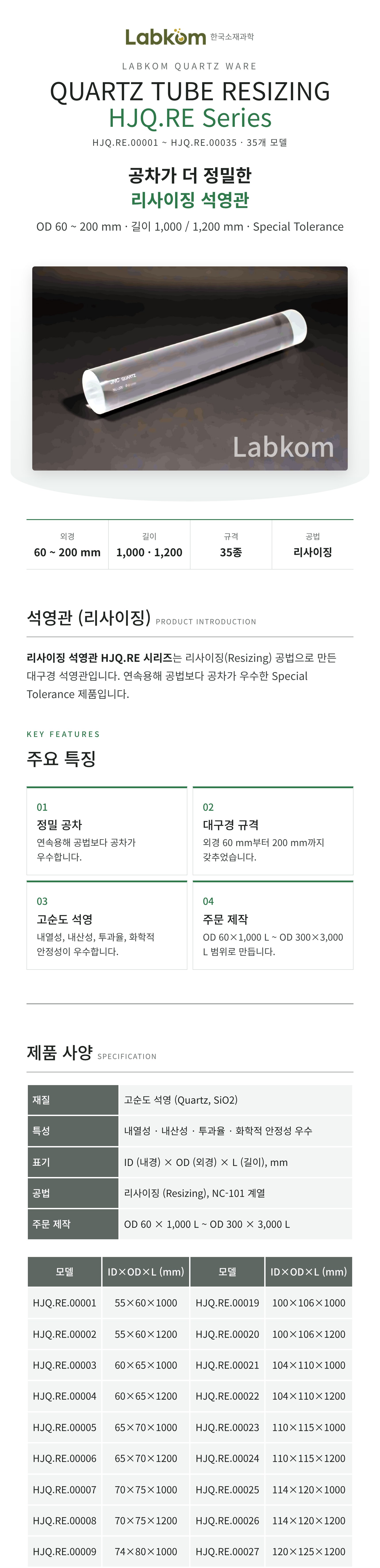 석영관 (리사이징) Quartz Tube Resizing HJQ.RE Series