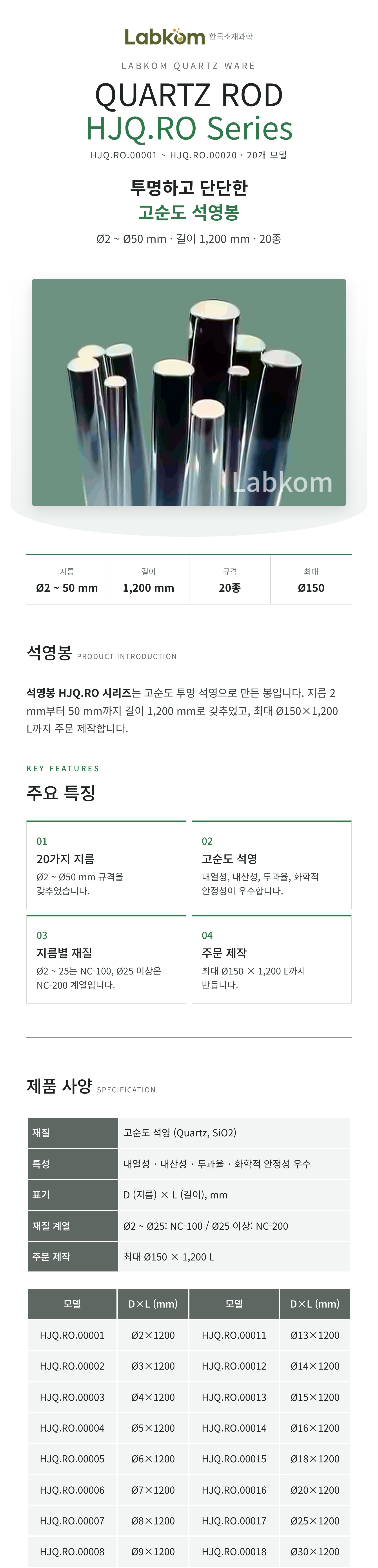 석영봉 Quartz Rod HJQ.RO Series