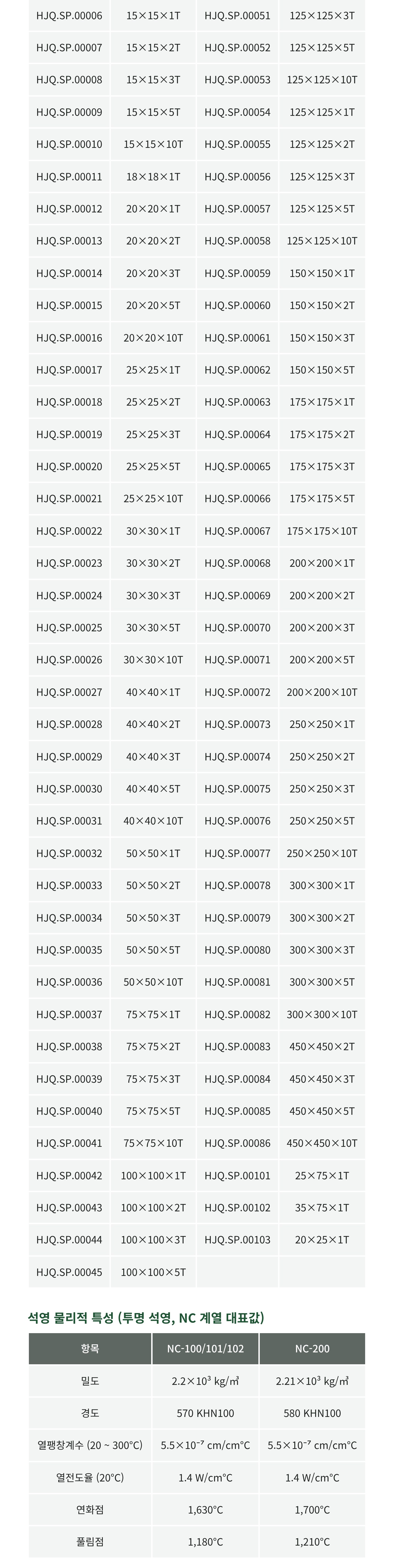 석영 사각판 Quartz Plate Square HJQ.SP Series