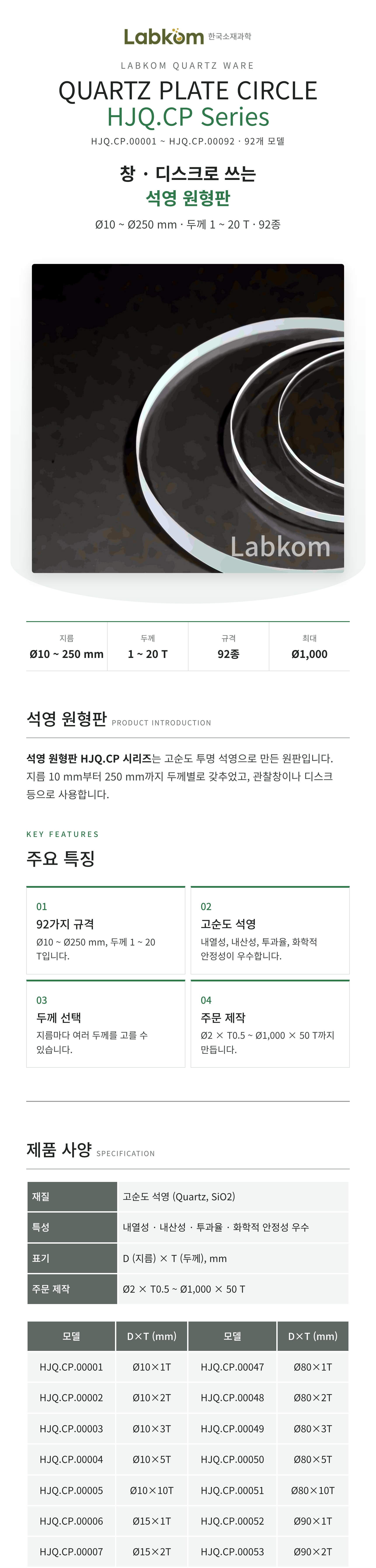 석영 원형판 Quartz Plate Circle HJQ.CP Series