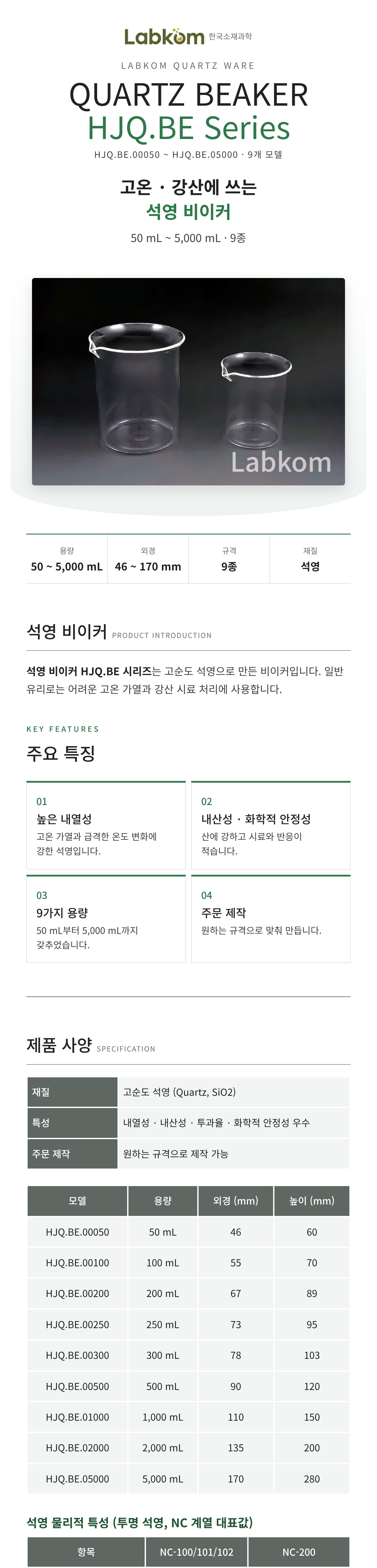 석영 비이커 Quartz Beaker HJQ.BE Series
