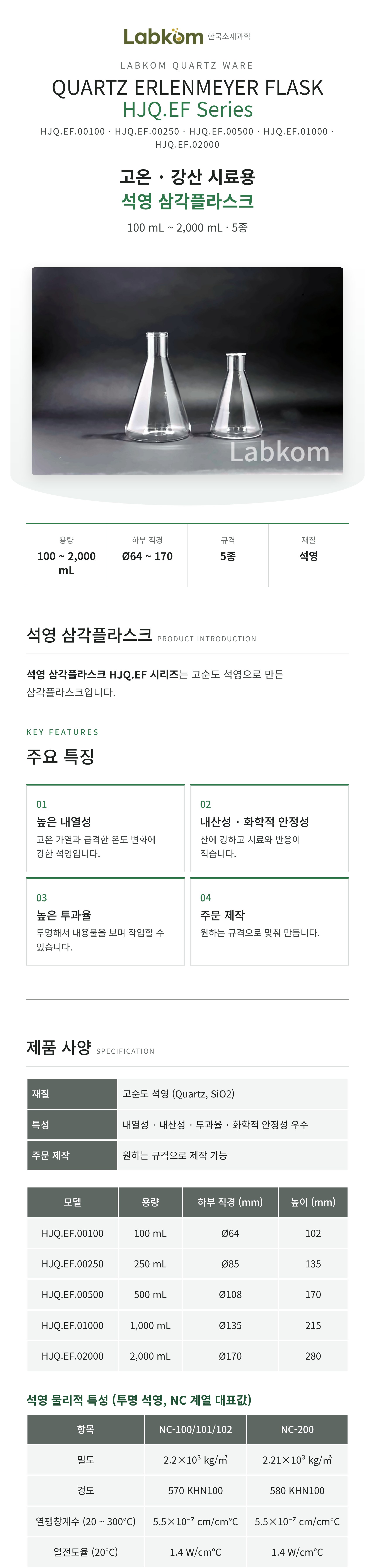 석영 삼각플라스크 Quartz Erlenmeyer Flask HJQ.EF Series