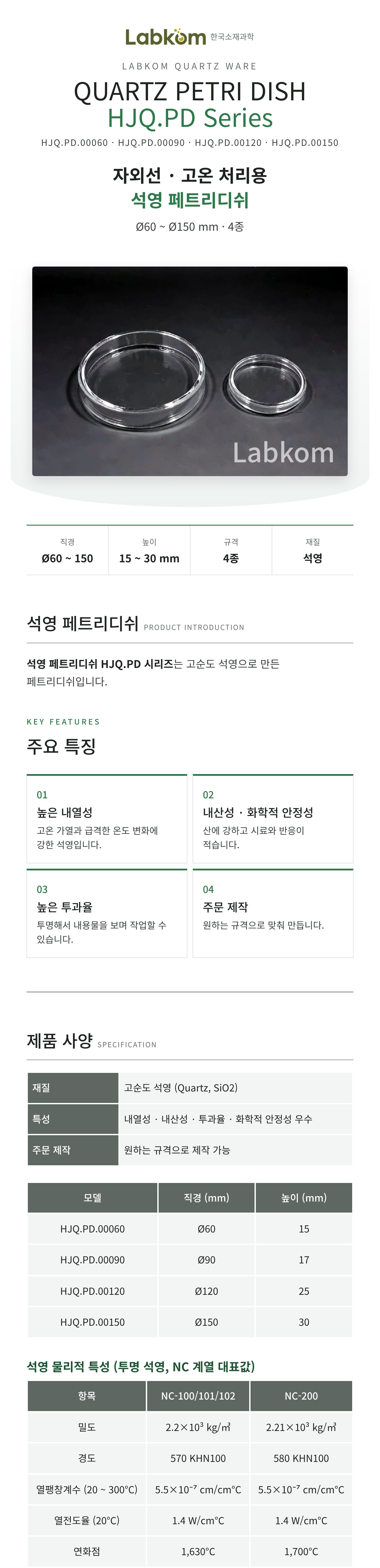 석영 페트리디쉬 Quartz Petri Dish HJQ.PD Series