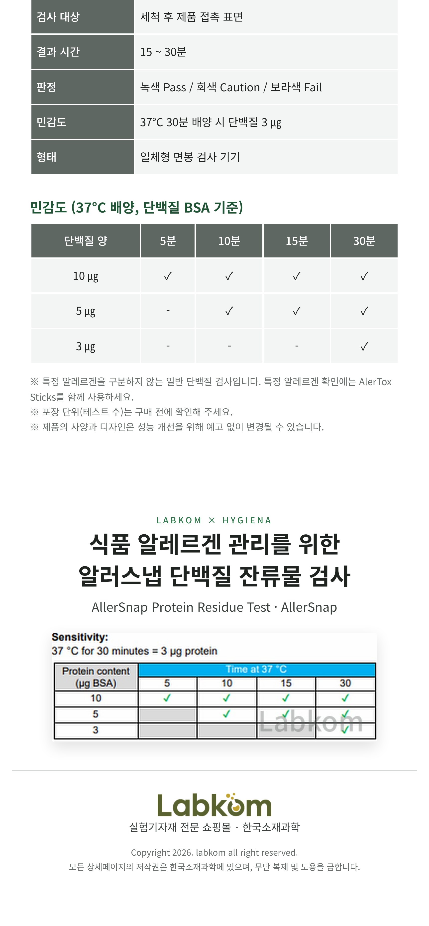 Hygiena AllerSnap Protein Residue Test 알러스냅 단백질 잔류물 검사