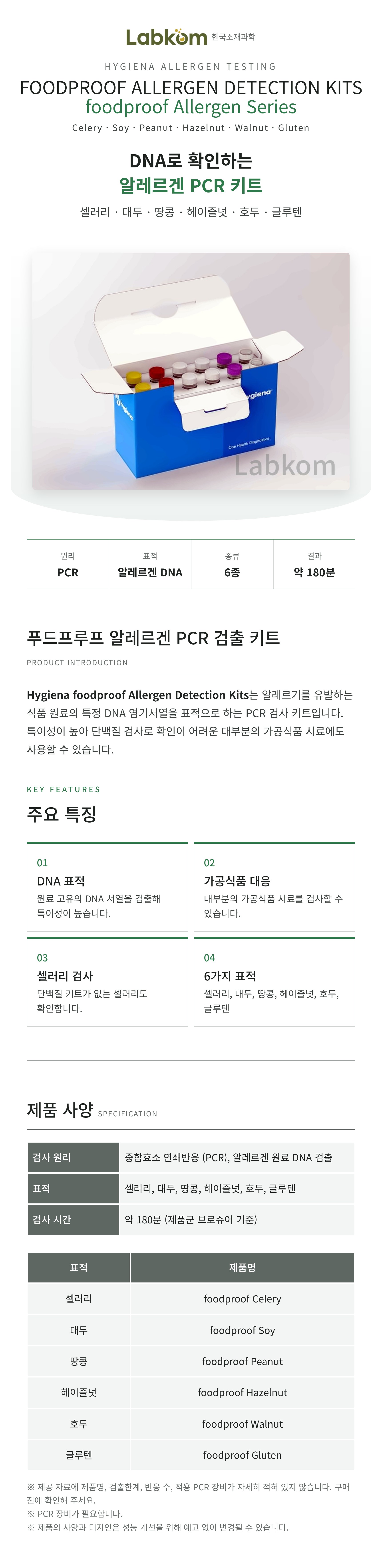 Hygiena foodproof Allergen Detection Kits 푸드프루프 알레르겐 PCR 검출 키트