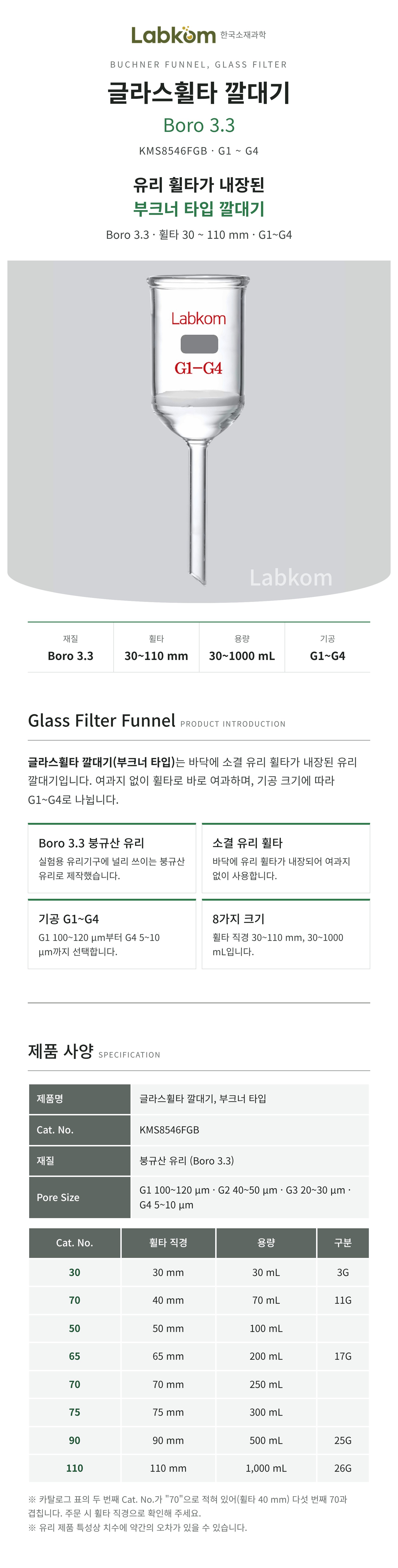 글라스휠타 깔대기 유리필터 부크너깔대기 Glass Filter Funnel Boro3.3 G1 G2 G3 G4
