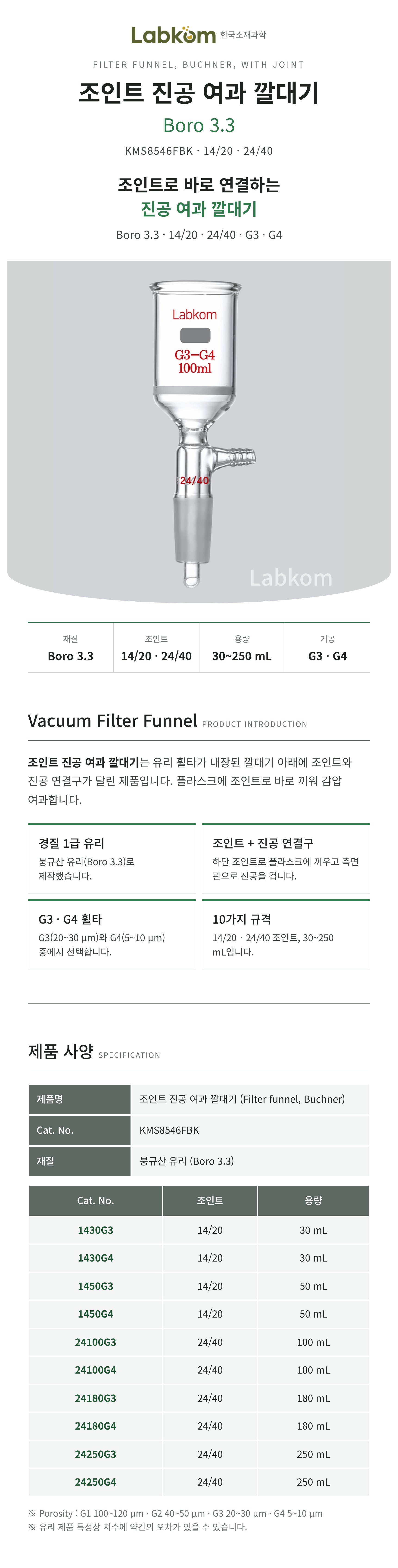 조인트 진공여과 깔대기 글라스필터 Filter Funnel Buchner Boro3.3 14/20 24/40 G3 G4